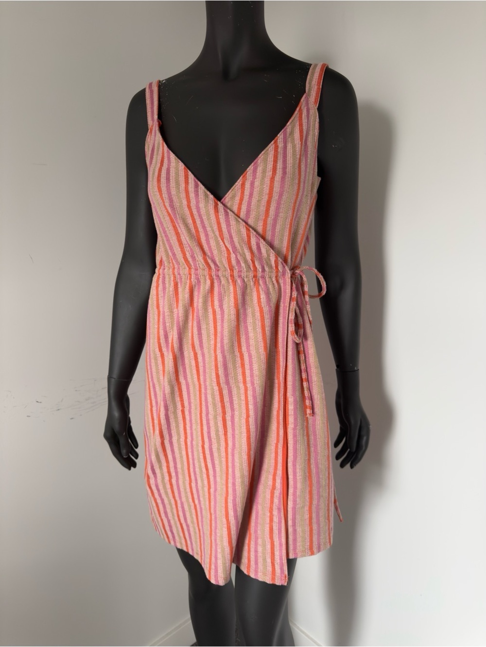 105. Mango Striped Pink & Orange Wrap Mini Dress